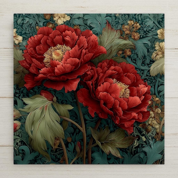 Peony Wall Art Ceramic Tile Art Nouveau Gift William Morris Style Botanical Floral Decor Peony Lover Nature Gift