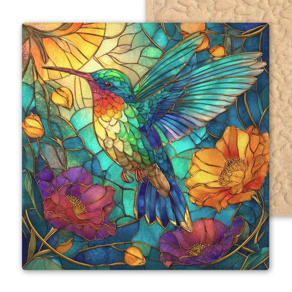 Hummingbird Ceramic Tile Art - Stained Glass Style Nature Wall Decor - Colorful Garden Bird Gift for Floral and Wildlife Lovers