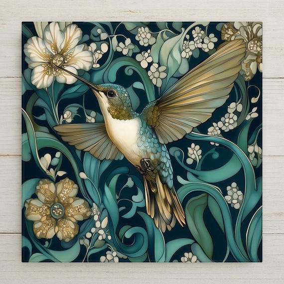 Hummingbird Wall Art Ceramic Tile William Morris Style Hummingbird Gift Bird Lover Botanical Decor Nature Gift Tile