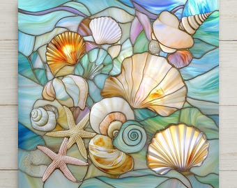 Seashell Wall Art Ceramic Tile Stained Glass Style Coastal Gift Ocean Decor Beach House Nature Art