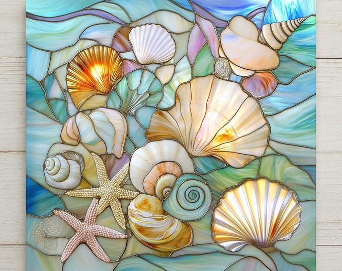 Seashell Wall Art Ceramic Tile Stained Glass Style Coastal Gift Ocean Decor Beach House Nature Art