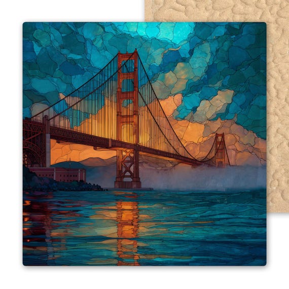 Golden Gate Bridge Wall Art – Stained Glass Style Ceramic Tile, San Francisco Bay Sunset Home Décor, California Cityscape Gift
