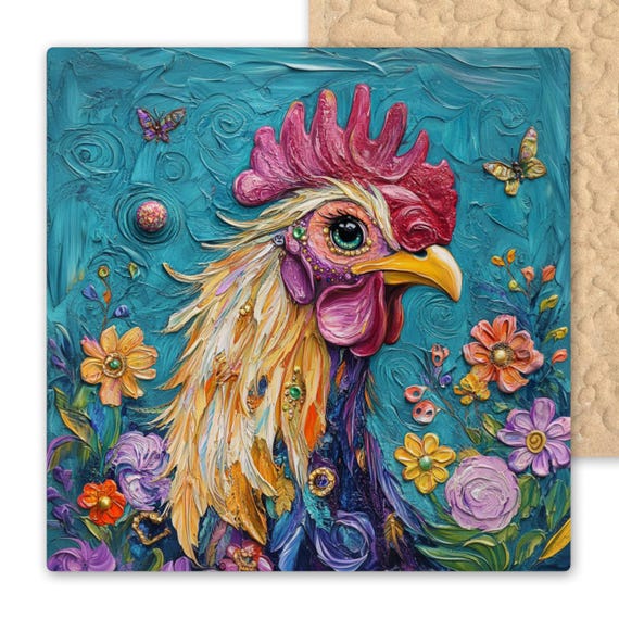 Vibrant Rooster Ceramic Tile Art: Farmhouse Kitchen Decor, Colorful Country Chicken Wall Accent, Unique Gift
