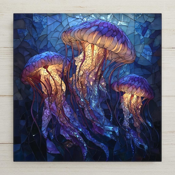 Jellyfish Wall Art Tile – Stained Glass Style Ocean Home Decor Coastal Beach House