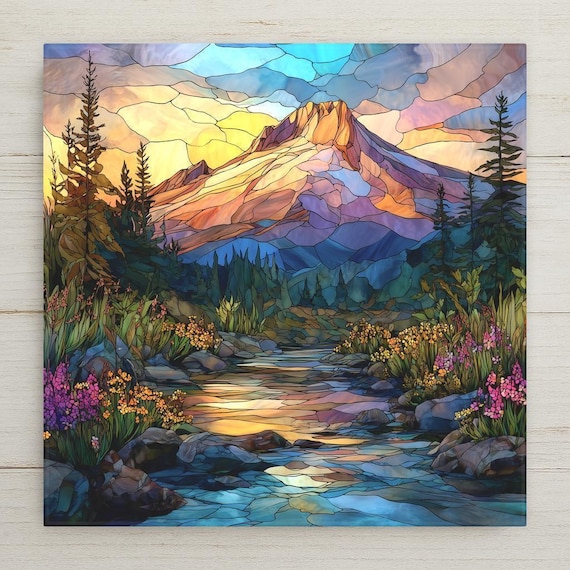 Mount Hood Ceramic Tile Wall Art – Stained Glass Style Mountain Creek Decor, Pacific Northwest Home Decor, Meaningful Nature Wall Art