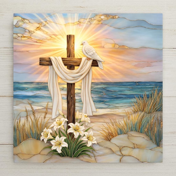 Christian Wall Art Ceramic Tile – Cross Wall Art Ceramic Tile – Coastal Religious Decor, Easter Home Decor, Faith Wall Decor