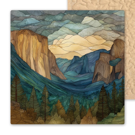Yosemite Wall Art Ceramic Tile Stained Glass Style Tunnel View Landscape Décor California National Park Nature Gift