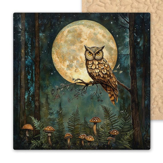 Woodland Owl Ceramic Tile Art - Nature-Inspired Wall Decor with Mushrooms and Full Moon
