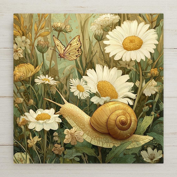 Snail and Daisy Peaceful Wall Art Ceramic Tile – Stained Glass Style, Nature Inspired Home Decor