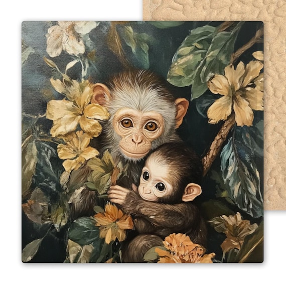 Whimsical Woodland Monkey Ceramic Tile - William Morris Inspired Jungle Botanical Wall Art Decor