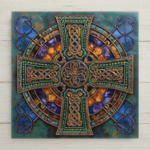 Celtic Cross Wall Art Ceramic Tile – Stained Glass Irish Knot Christian Home Decor, Green Gold Religious Wall Decor