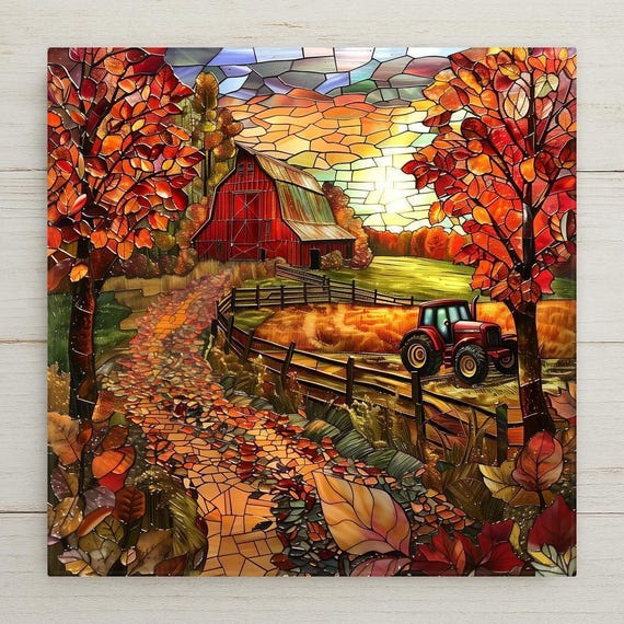 Tractor Wall Art Ceramic Tile Farmhouse Gift Kitchen Decor Barn Art Country Home Gift Autumn Farm Tile