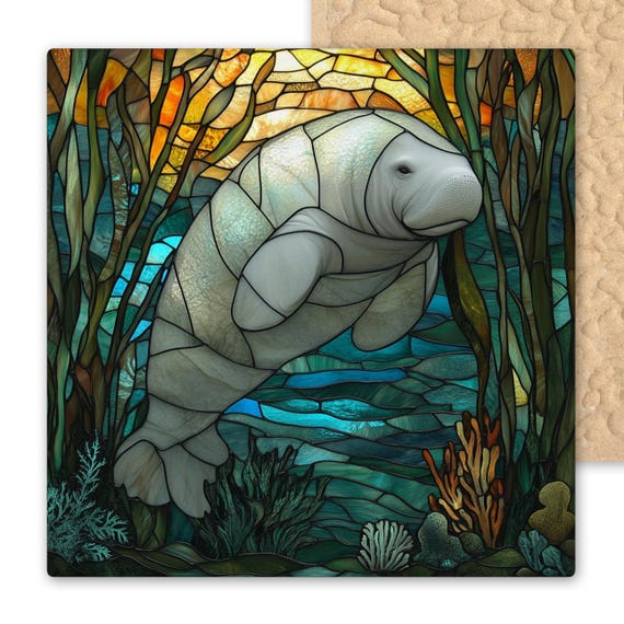 Manatee Ceramic Tile Art, Sunset Ocean Wildlife Decor, Stained Glass Sea Life Wall Tile, Coastal Florida Gift, Marine Nature Home Accent