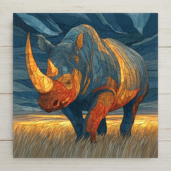 Rhinoceros Wall Art Ceramic Tile Stained Glass Style Safari Wildlife Gift African Conservation Decor