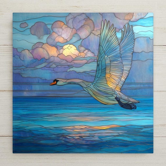 Swan Flight Ceramic Tile Wall Art - Stained Glass Style Coastal Bird Decor, Lake Sunset Artwork Gift