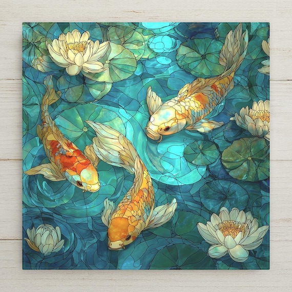 Koi Pond Ceramic Tile Wall Art - Stained Glass Lotus Garden Zen Home Decor, Peaceful Water Nature Artwork
