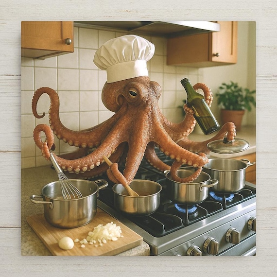 Whimsical Ceramic Octopus Chef Tile: Unique Kitchen Wall Art for Foodies and Culinary Enthusiasts