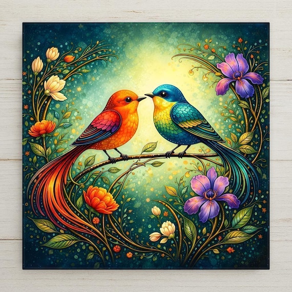 Colorful Love Birds Wall Art Ceramic Tile – Art Nouveau Stained Glass Bird Decor Romantic Nature Home Decor Gift