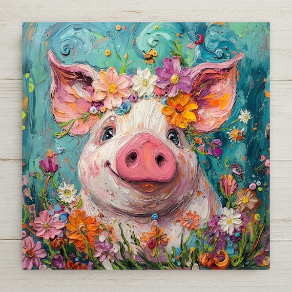 Floral Pig Ceramic Tile Art: Whimsical Farmhouse Decor