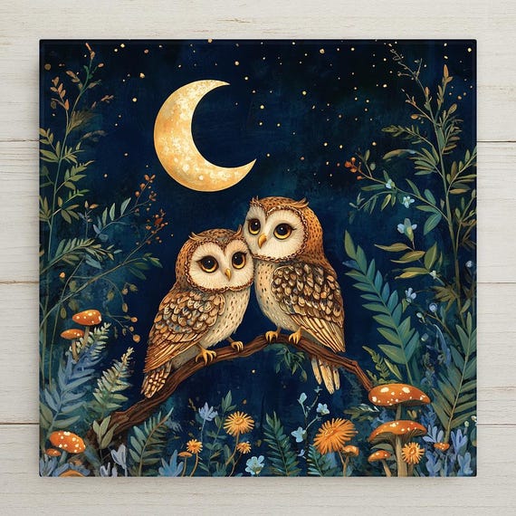 Crescent Moon Owls Ceramic Tile Art: Rustic Woodland Decor
