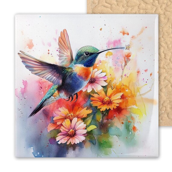 Watercolor-Inspired Hummingbird Ceramic Tile Art - Floral Wall Decor for Nature Enthusiasts