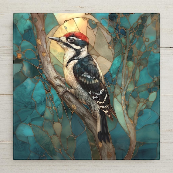 Downy Woodpecker Ceramic Tile: Stained Glass Nature Art, Woodland Wall Decor, Bird Lover Gift