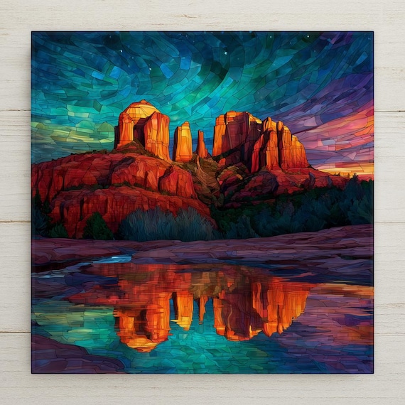Sedona Cathedral Rock Ceramic Tile: Stained Glass Style Southwest Landscape with Sunset Reflection