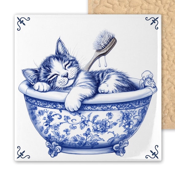 Whimsical Blue Delft Tile: Kitten in Bathtub - Cute Cat Bathroom Decor - Dutch Ceramic Wall Art Gift for Cat Lovers