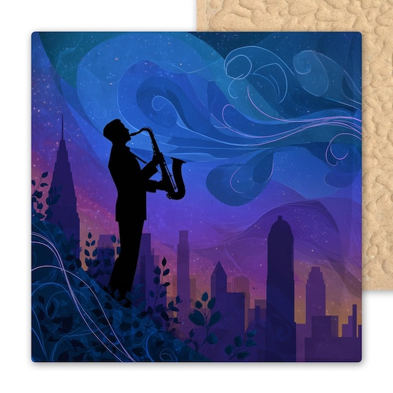 Jazz Saxophone Musician Wall Art Ceramic Tile Stained Glass Style City Skyline Night Sky Musical Decor Gift for Jazz Lovers Music Inspired