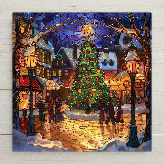 Festive Ceramic Tile Art Home Decor: Stained Glass-Inspired Christmas Town Scene for Holiday Wall Decor