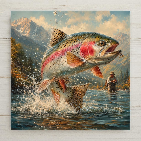 Rainbow Trout Ceramic Art Tile: Fly Fishing Wall Decor Cabin Lake House Angler Home Decor Fathers Day Gift Wall Art