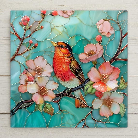 Handmade Ceramic Red Robin Tile: Cherry Blossom Bird Wall Art Home Decor for Nature Lovers