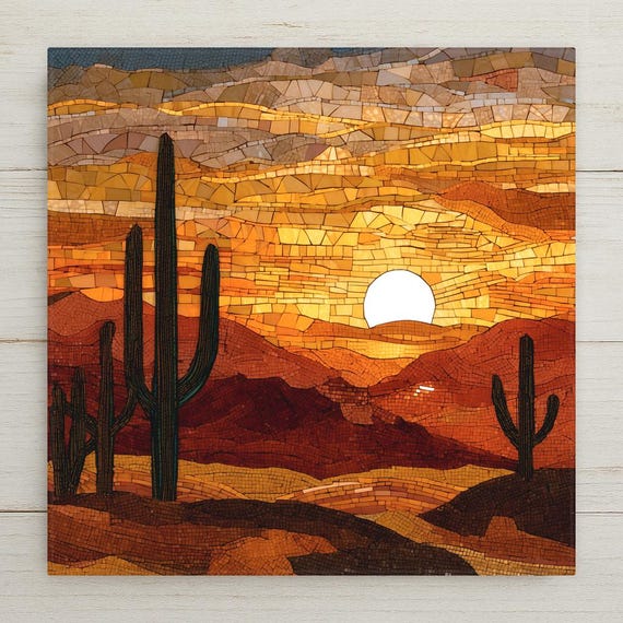 Desert Sunset Ceramic Tile Wall Art – Stained Glass Style Southwest Wall Decor, Rustic Home Decor, Cactus Landscape Gift for Nature Lovers