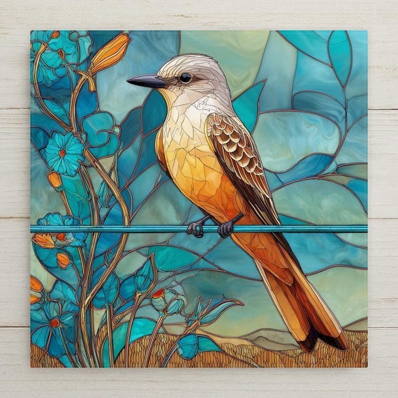 Scissor-Tailed Flycatcher Ceramic Tile Art | Bird Wall Decor | Stained Glass Style Nature Home Accent Gift