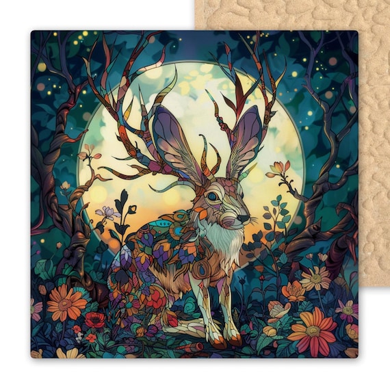 Jackalope Ceramic Tile Art - Stained Glass Style Wall Decor with Full Moon and Flowers - Whimsical Mythical Woodland Nature Art for Home