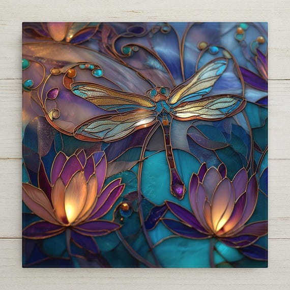 Dragonfly Ceramic Tile Wall Art – Stained Glass Lotus Design, Nature Home Decor, Botanical Wall Decor Gift for Garden Lovers