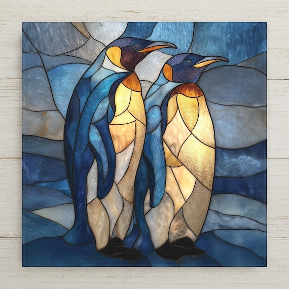 Penguin Ceramic Tile Wall Art – Stained Glass Style Penguin Pair, Symbolic Wall Decor, Meaningful Home Decor, Winter Nature Art