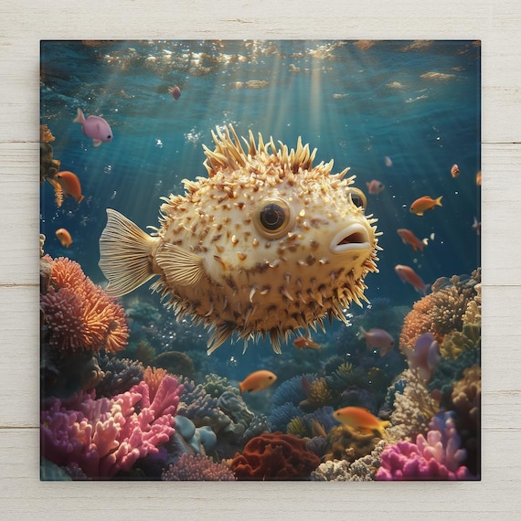 Adorable Pufferfish Ceramic Tile: Coastal Bathroom Wall Art for Beach House & Ocean-Themed Room Decor