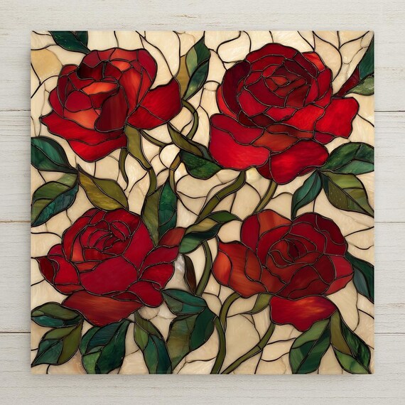 Red Rose Ceramic Tile Wall Art - Stained Glass Style Floral Decor, Romantic Botanical Gift for Home