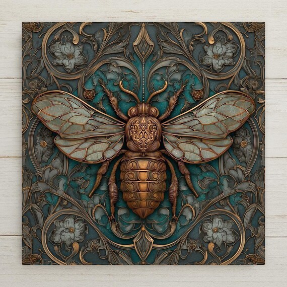 Art Nouveau Bee Ceramic Tile Wall Decor - Botanical Insect Nature Home Accent