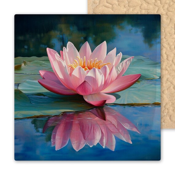 Serene Pink Lotus Ceramic Tile: Zen Water Lily Art for Yoga Studio, Nature Wall Decor, Floral Trivet Gift