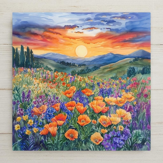 California Poppies Ceramic Tile Art: Sunset Wildflower Wall Decor