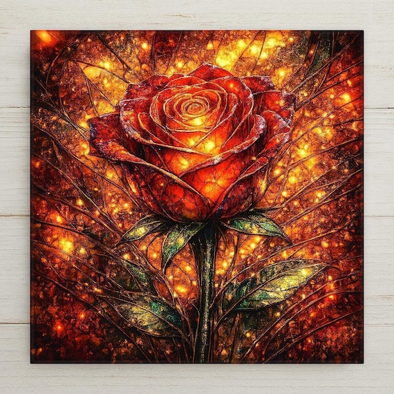 Glowing Rose Ceramic Tile Wall Art – Stained Glass Style Floral Home Decor, Romantic Botanical Art, Gift for Love & Anniversary