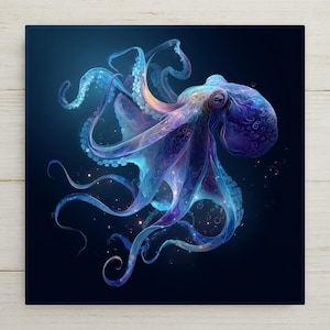 May include: A square wall art print featuring a bioluminescent octopus in shades of deep blue, purple, and cyan. The octopus has intricate, swirling patterns on its mantle and tentacles, surrounded by small glowing bubbles against a dark background.