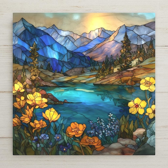 Glacier National Park Ceramic Tile Art - Stained Glass Mountain Lake Landscape Wall Decor for Home