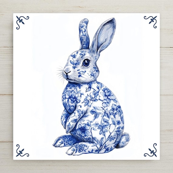 Blue Delft Bunny Tile Home Decor: Floral Rabbit Art, Dutch Easter Decor Wall Art