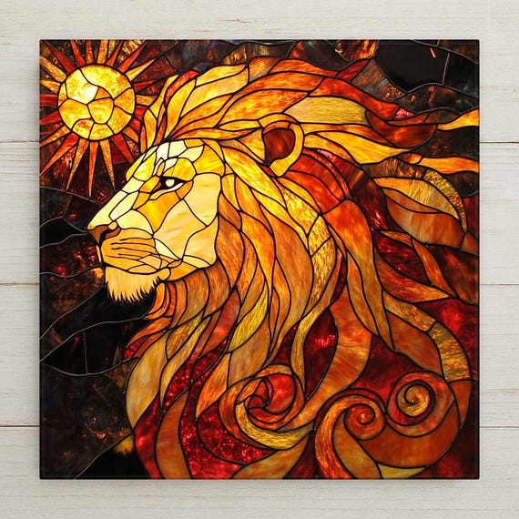 Leo Zodiac Tile: Stained Glass Lion Ceramic Wall Art