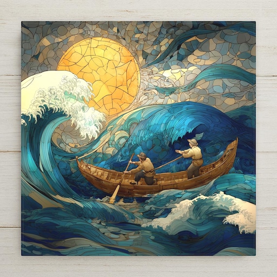 Ocean Fishermen Ceramic Tile Wall Art – Stained Glass Style Nautical Decor, Coastal Home Decor, Beach Wall Art Gift