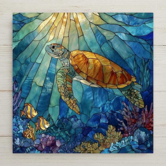 Stained Glass Sea Turtle Ceramic Tile Wall Art – Ocean Life Decor, Coastal Wall Decor, Meaningful Home Decor Gift