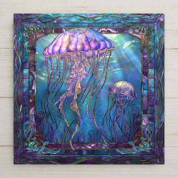 Jellyfish Ceramic Tile Art: Stained Glass Style Ocean Wall Decor